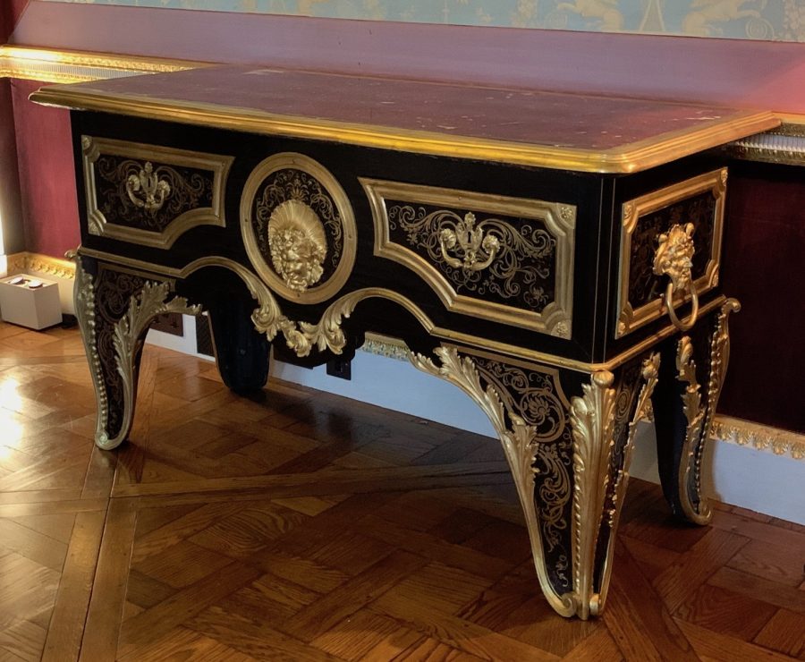 Commode previoulsy sold as attributed to A.C. Boulle.  Re-dated c.1980 after technical study and Xrf analysis of brass marquetry and gilt bronzes jpg